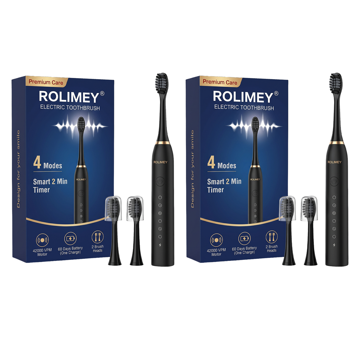 Rolimey® Electric Toothbrush Set, Comes with 2 Brush Heads,4 Modes with 2 Minutes Built in Smart Timer, One Charge for 60 Days, 42000 VPM Motor
