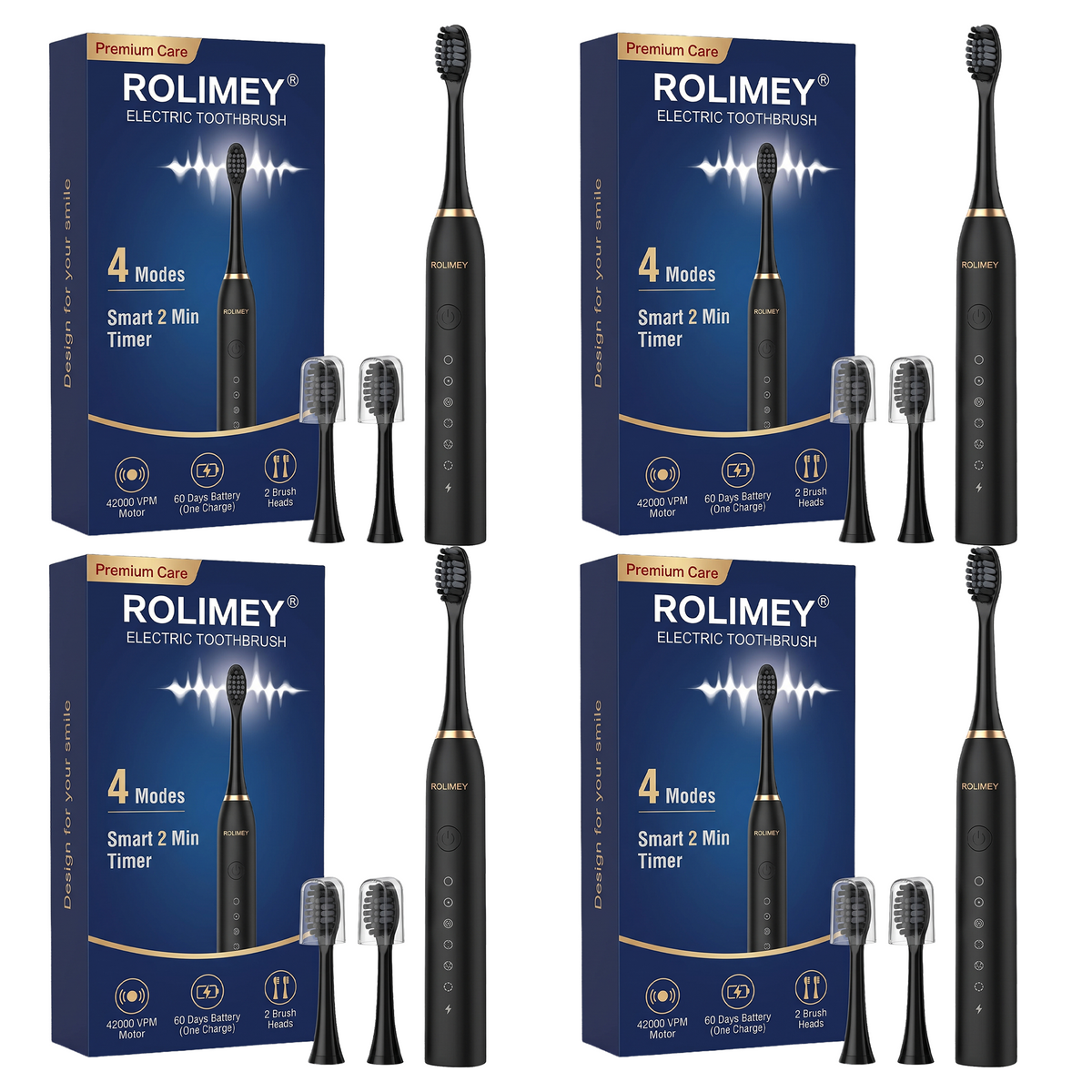 Rolimey® Electric Toothbrush Set, Comes with 2 Brush Heads,4 Modes with 2 Minutes Built in Smart Timer, One Charge for 60 Days, 42000 VPM Motor