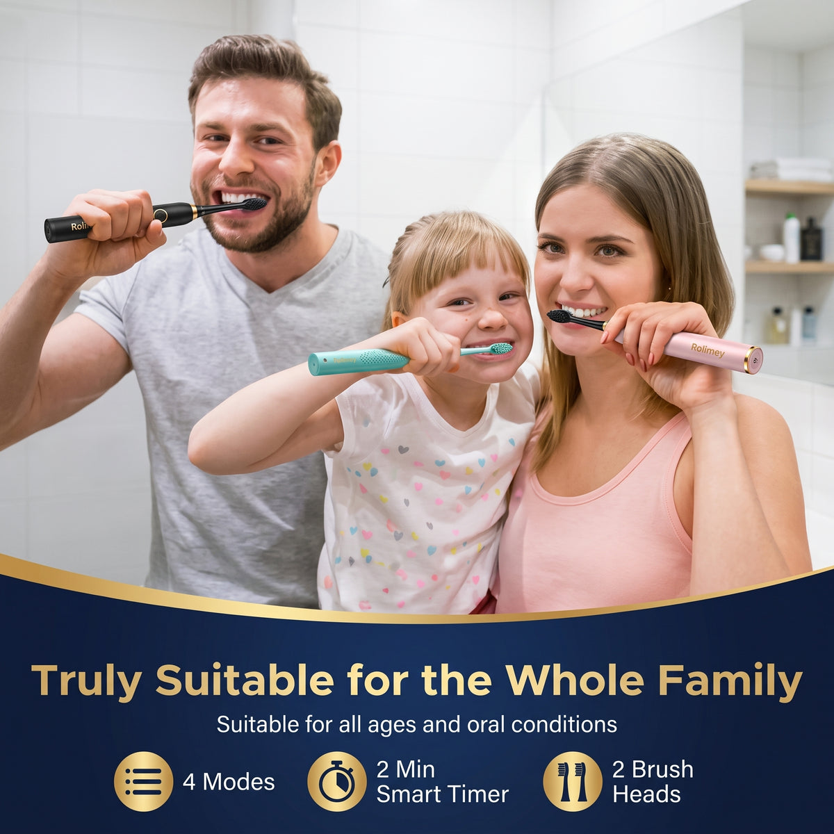 Rolimey® Electric Toothbrush Set, Comes with 2 Brush Heads,4 Modes with 2 Minutes Built in Smart Timer, One Charge for 60 Days, 42000 VPM Motor