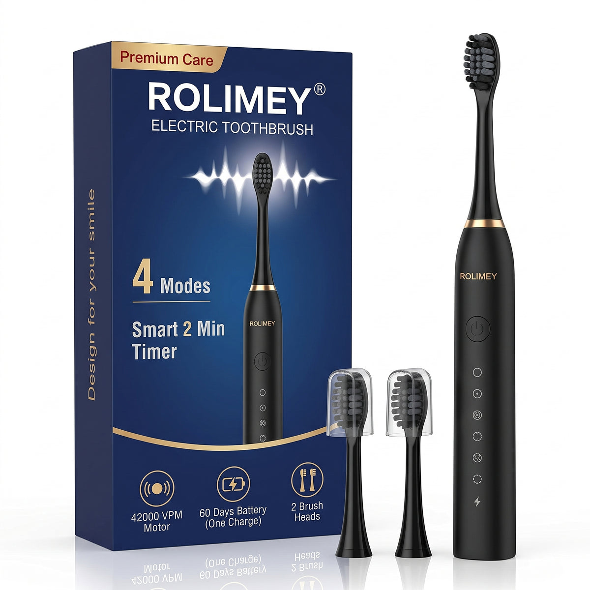 Rolimey® Electric Toothbrush Set, Comes with 2 Brush Heads,4 Modes with 2 Minutes Built in Smart Timer, One Charge for 60 Days, 42000 VPM Motor