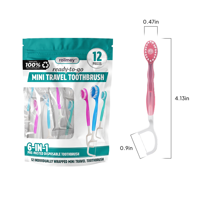 ⭐️Rolimey® 6-in-1 Ready-to-Go Mini Travel Toothbrush with Floss & Toothpick, No Rinsing Needed, Individually Wrapped & TSA Friendly