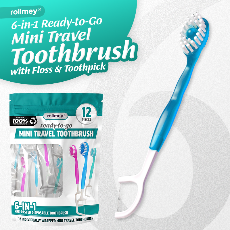 ⭐️Rolimey® 6-in-1 Ready-to-Go Mini Travel Toothbrush with Floss & Toothpick, No Rinsing Needed, Individually Wrapped & TSA Friendly
