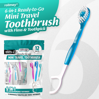 ⭐️Rolimey® 6-in-1 Ready-to-Go Mini Travel Toothbrush with Floss & Toothpick, No Rinsing Needed, Individually Wrapped & TSA Friendly