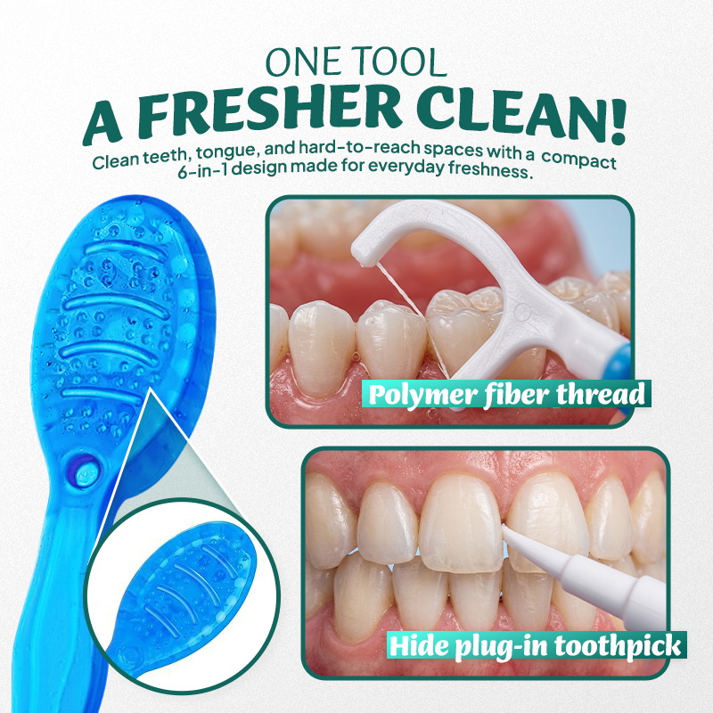 ⭐️Rolimey® 6-in-1 Ready-to-Go Mini Travel Toothbrush with Floss & Toothpick, No Rinsing Needed, Individually Wrapped & TSA Friendly