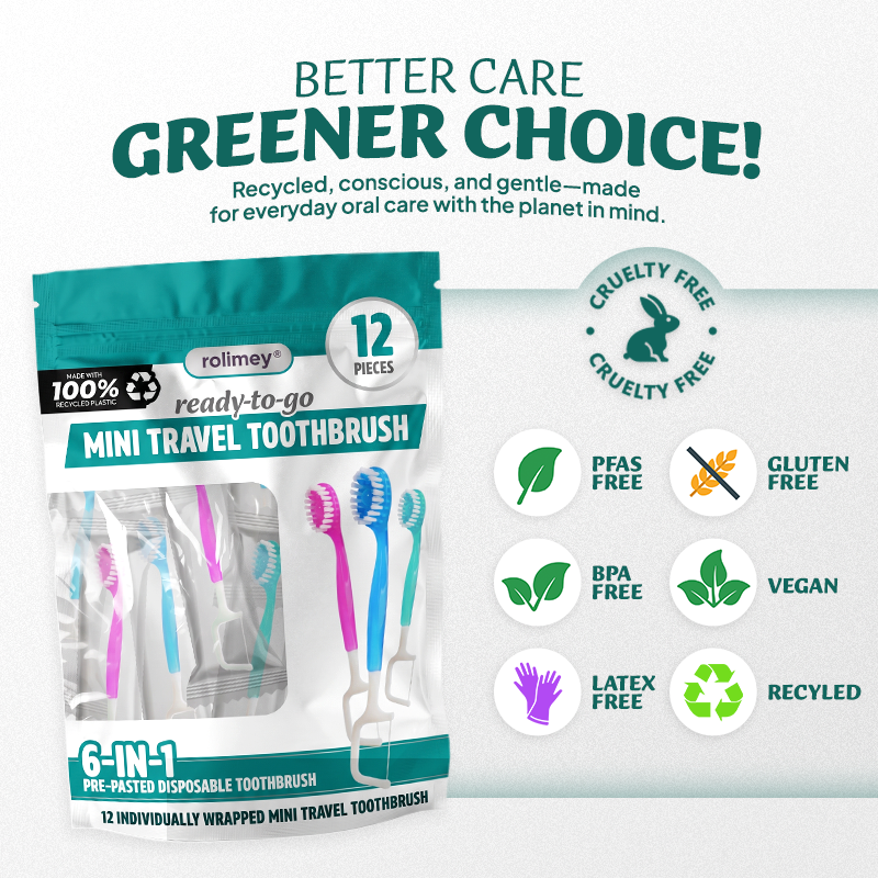 ⭐️Rolimey® 6-in-1 Ready-to-Go Mini Travel Toothbrush with Floss & Toothpick, No Rinsing Needed, Individually Wrapped & TSA Friendly