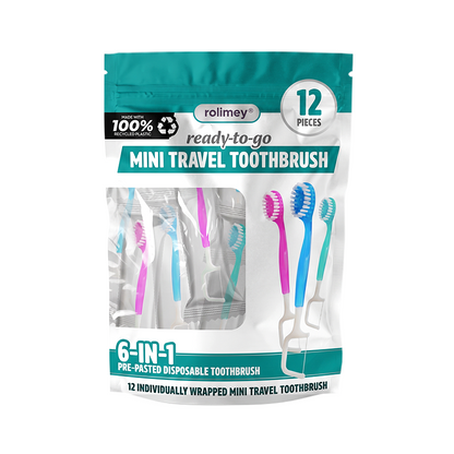⭐️Rolimey® 6-in-1 Ready-to-Go Mini Travel Toothbrush with Floss & Toothpick, No Rinsing Needed, Individually Wrapped & TSA Friendly