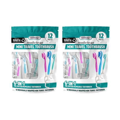 ⭐️Rolimey® 6-in-1 Ready-to-Go Mini Travel Toothbrush with Floss & Toothpick, No Rinsing Needed, Individually Wrapped & TSA Friendly